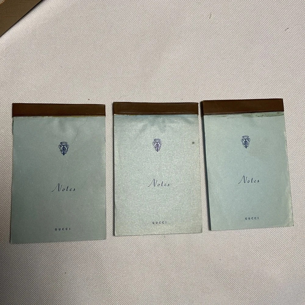 3 Gucci Notes Notepad Stationery Pad with Holder & Box, Light Blue Branded Logo